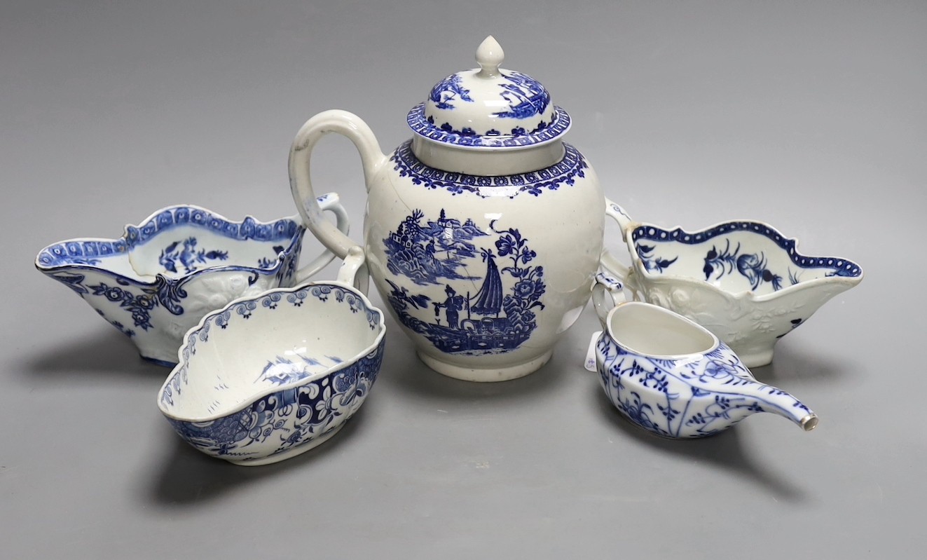 Two Worcester blue and white sauceboats a Bow (?) Sauceboat, a damaged teapot and a continental invalid feeder